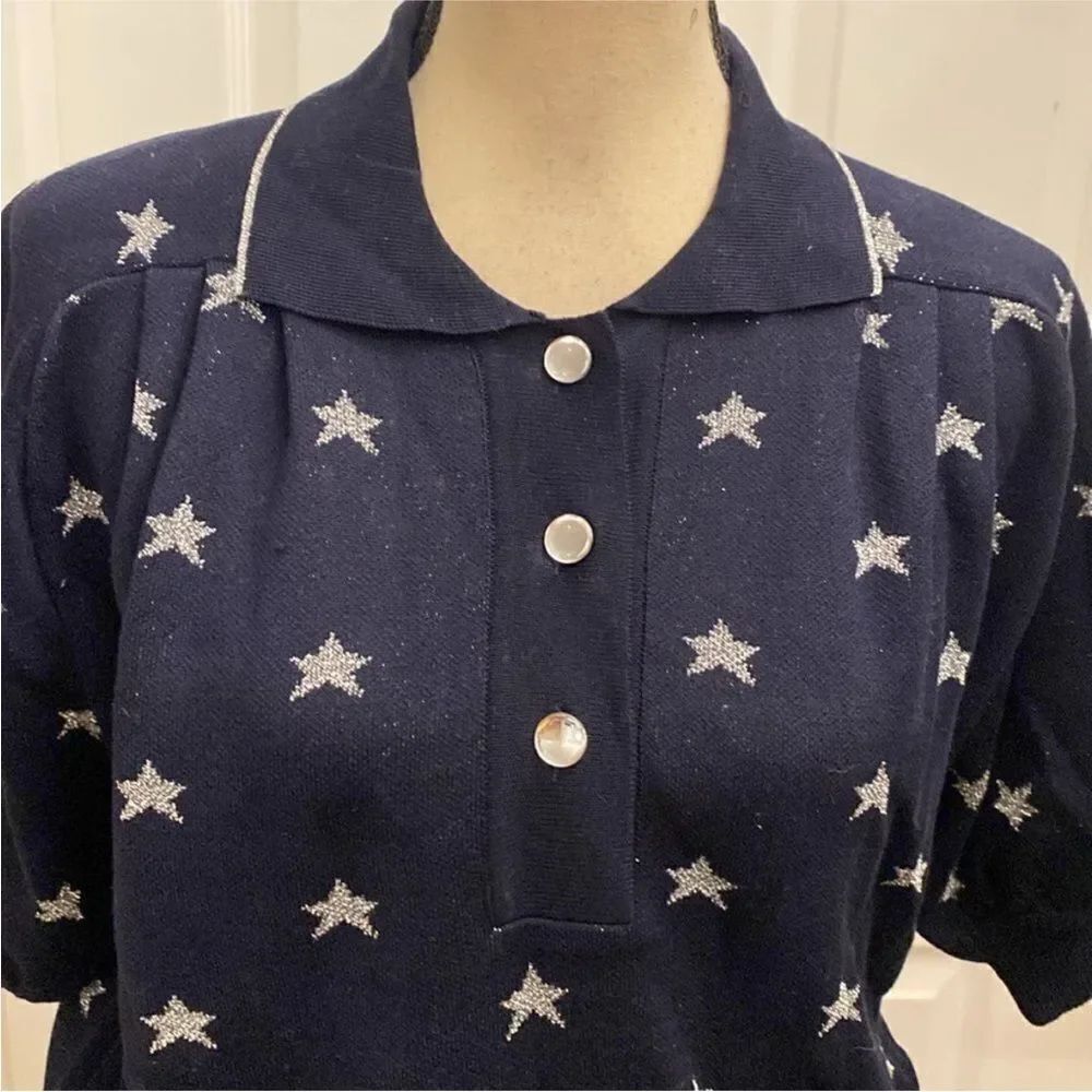 Mila Schon Navy Star Pattern Button Down  knit polo Shirt, S - Picture 2 of 12